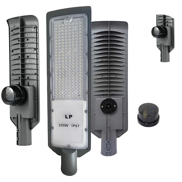 Luminária Led Publica Smd 200w Com Relé Fotocélula Ip67 Poste De Rua 75% Lúmen Frio 6500K Bivolt 98V-220V