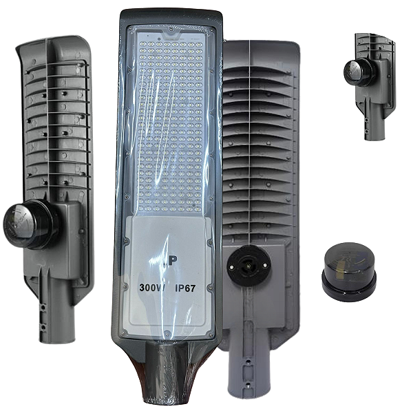 Luminária Led Publica Smd 300w Com Relé Fotocélula Ip67 Poste De Rua 75% Lúmen Frio 6500K Bivolt 98V-220V