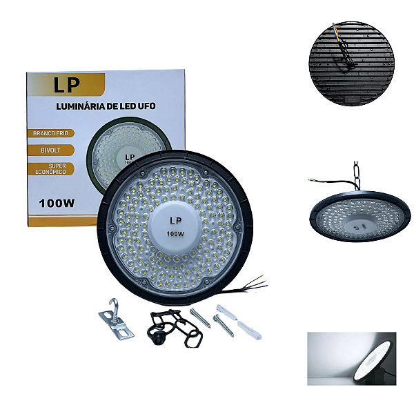 Luminária Led Ufo Slim Smd 100W 100% Lúmen IP67 Industrial Bivolt 98v-220v Branco Frio 6500k