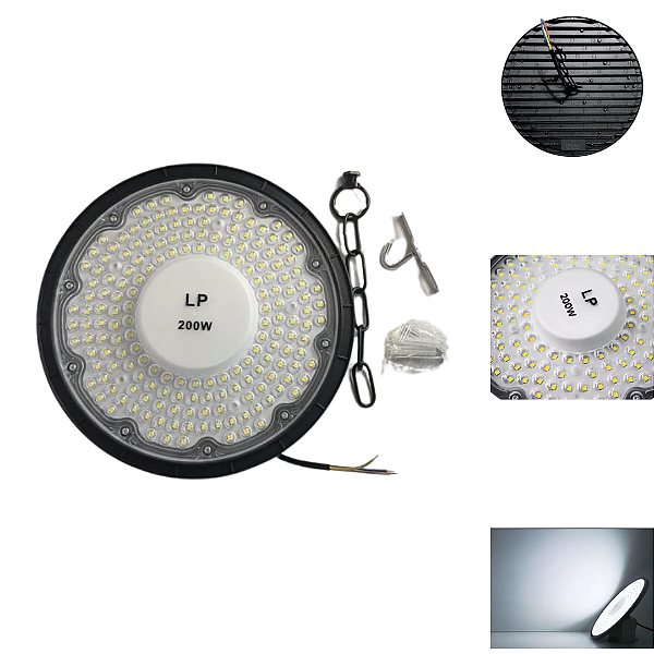 Luminária Led Ufo Slim Smd 200W 75% Lúmen IP67 Industrial Bivolt 98v-220v Branco Frio 6500k