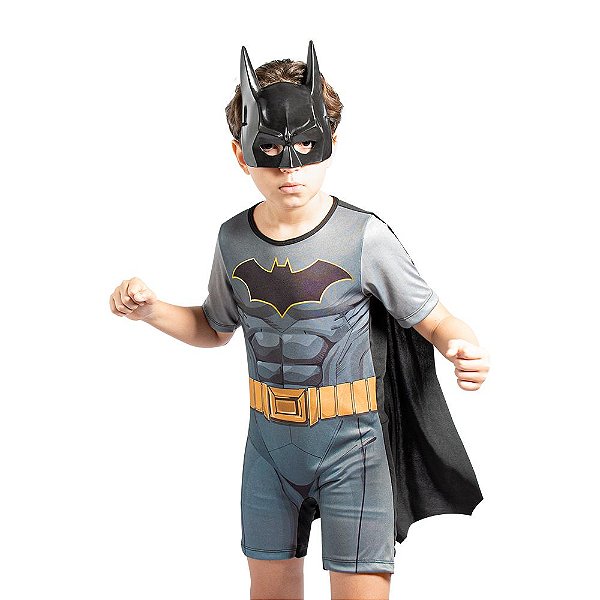 Fantasia Batman Macacão Curto Com Capa e Máscara Infantil