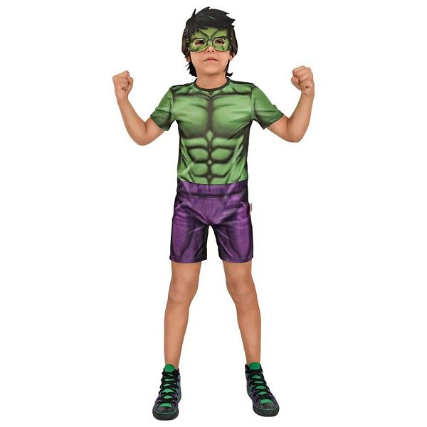 Fantasia Roupa Hulk Infantil Macacão Curto Tamanho de 3 a 12 Anos