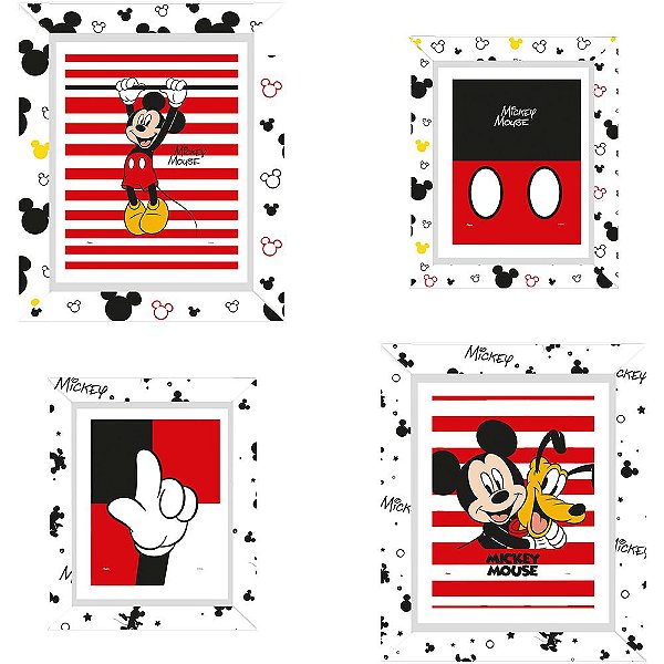 4 Quadros Com Molduras Decorativo Tema Festa Mickey Mouse