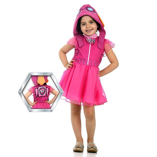 Fantasia Infantil Vestido Patrulha Canina Skye Com Touca