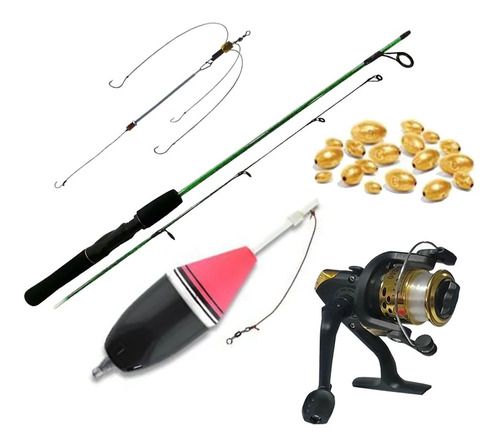 Kit Pesca Vara Boia Anzol Molinete Chumbada Arrozinho Gold C