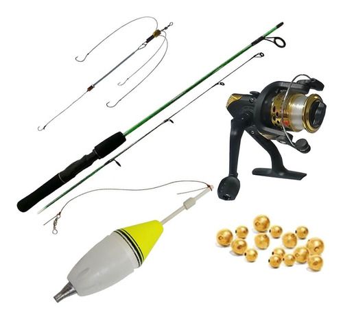 Kit Pesca Vara Boia Anzol Molinete Chumbadas Bolinha Gold B
