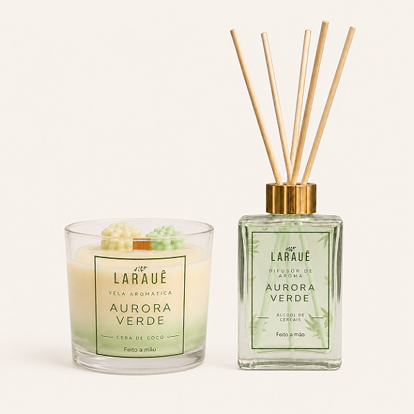 Kit Coleção Aurora Verde | Vela Aromática + Difusor de Varetas