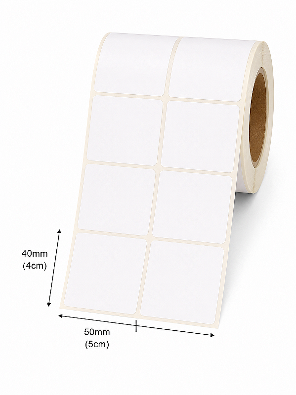 Etiqueta Adesiva Couche 50X40mm X2 Colunas (5cm x 4cm) Branca rolo 28 metros
