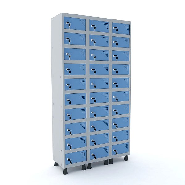 Armario Porta Objetos de Aco 3 Vaos 30 Portas Fechadura Pandin Cinza e Azul Dali  1,90 M