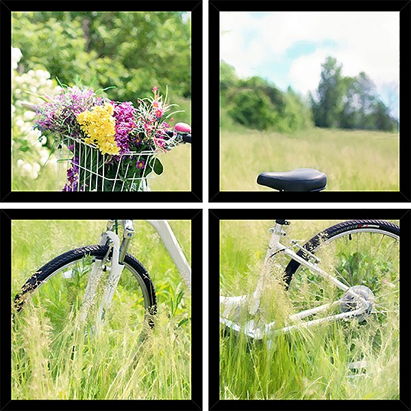 Quadro Mosaico 4 Partes Quadrado Bicicleta Cesta Flores Art e Cia Preto