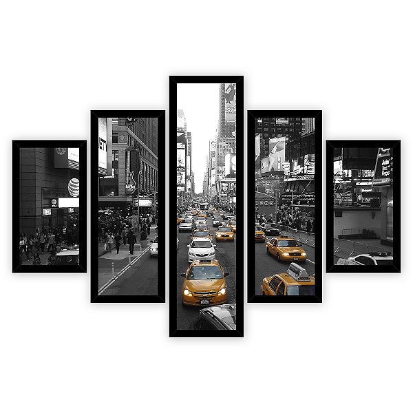 Quadro Mosaico 5 Partes Diferentes Taxi em New York Quero Mais Quadros Preto