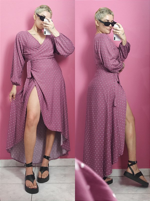 Vestido transpassado poá - Rosa açaí