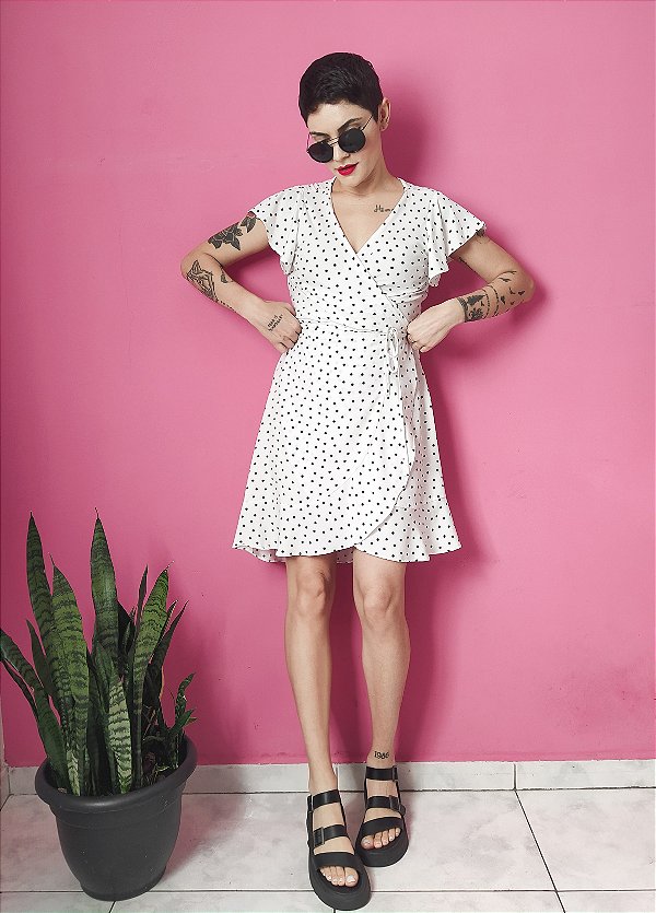 Vestido poá transpassado - Branco