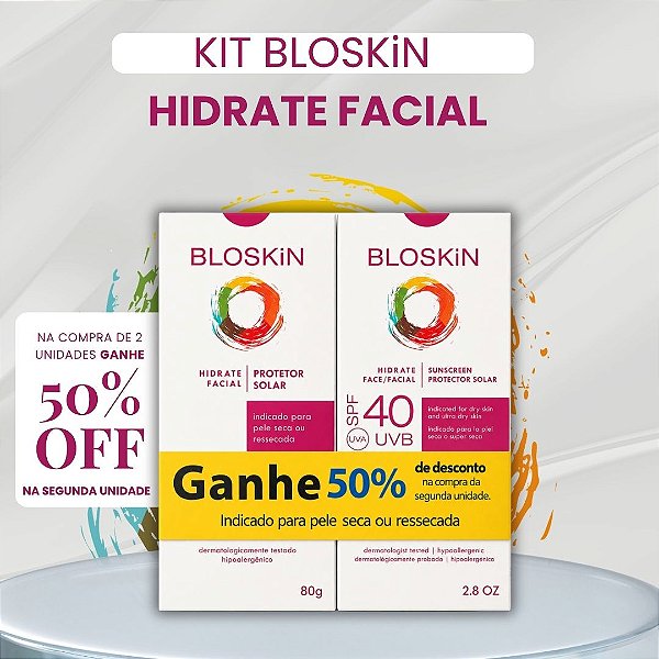 KIT PROTETOR SOLAR BLOSKiN HIDRATE FACIAL PARA PELE SECA | COMPRE 1 E GANHE 50% OFF NO 2º