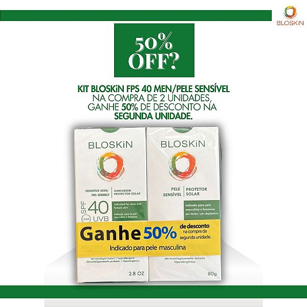 Compre 2 unidades de BLOSKiN FPS 40 MEN/PELE SENSIVEL  e ganhe 50% de desconto na 2ª unidade
