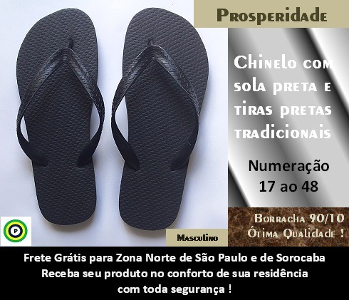 Chinelo com sola preta e tiras pretas tradicionais masculino
