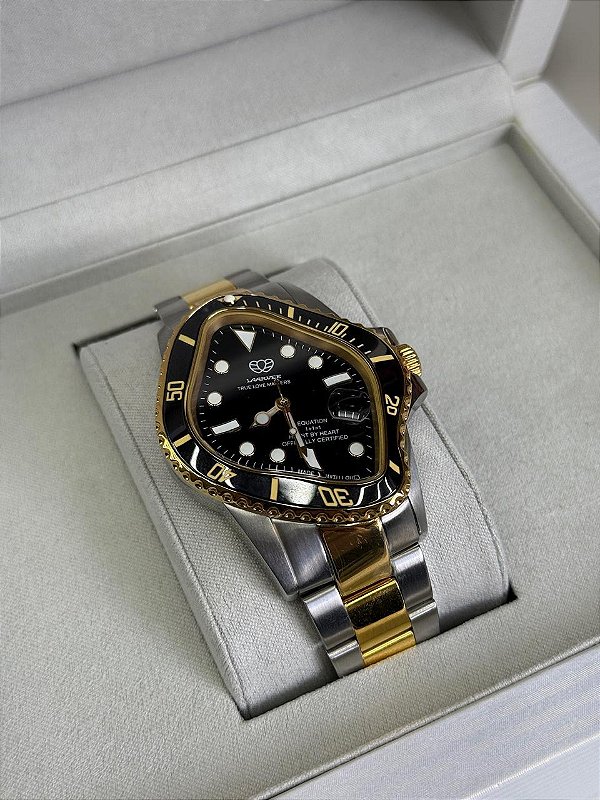 RELÓGIO LAARVEE SILVER & GOLDEN PRECISION STEEL BLACK BEZEL BLACK DIAL