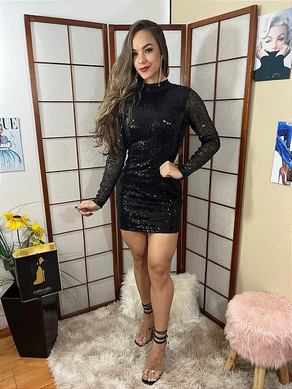 Vestido Dayenne  Paetê Decotado Manga Longa