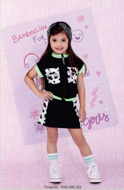 CONJUNTO COLETE E SAIA MOLETINHO EST. VAQUINHA NEON