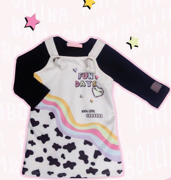 CONJUNTO SALOPETE E BODY MENINA VAQUINHA PRETO BAMBOLLINA