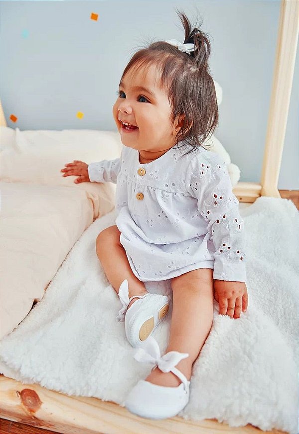 VESTIDO COM MANGA BRANCO BEBE MENINA 1834000 BABY GUT
