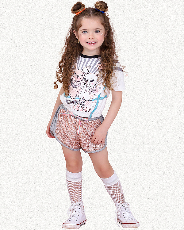 CONJUNTO INFANTIL FEMININO DOG SELFIE COM SHORTS PAETE ROSE