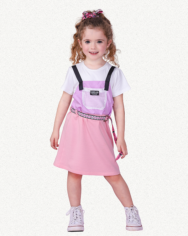 VESTIDO INFANTIL CANDY COLORS COM JARDINEIRA LILAS E SAIA ROSA
