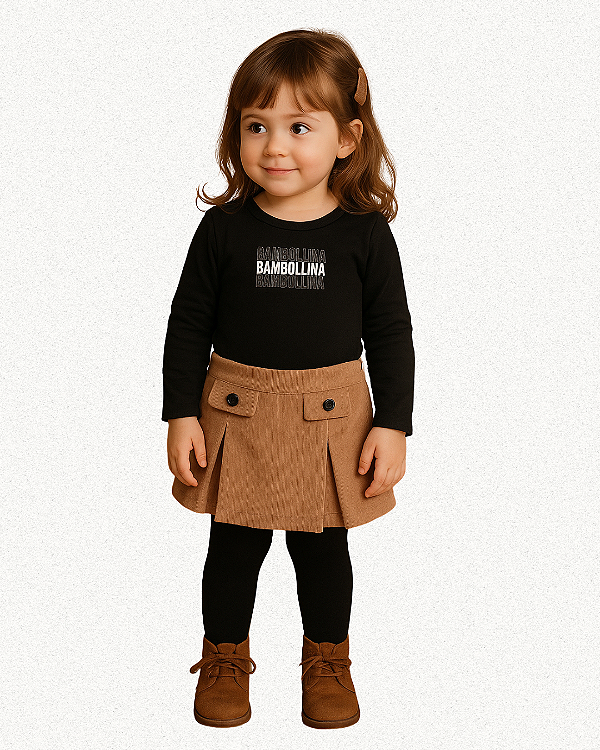 CONJUNTO INFANTIL BODY PRETO E SAIA DE VELUDO COTELE