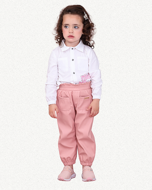 CALCA INFANTIL COURO ROSE DE CINTURA ALTA
