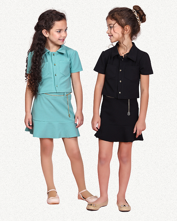 CONJUNTO INFANTIL FASHION SAIA COM CORRENTE E CROPPED MALHA SCUBA PREMIUM