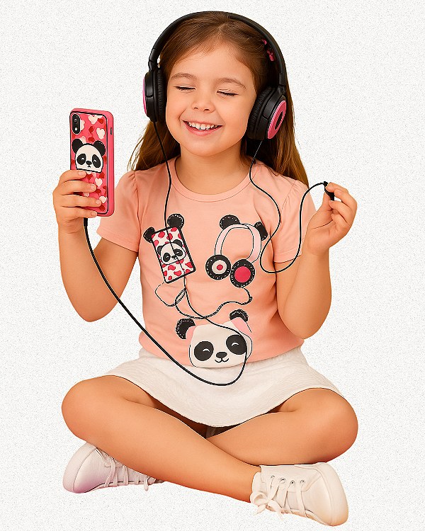 CONJUNTO INFANTIL FEMININO CEL E FONE ROSA PANDA VIBES