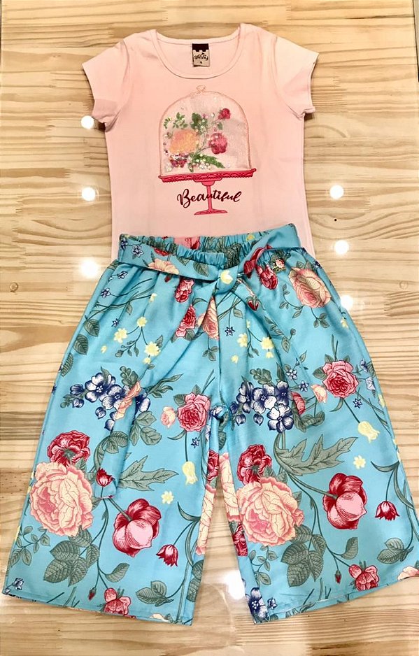 Conjunto baby look e pantacourt floral rosa yogurte calca az