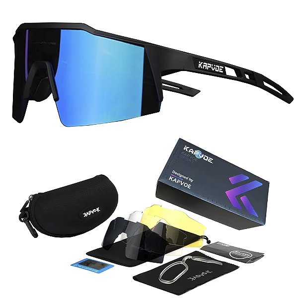 Óculos de Ciclismo Preto Com 4 Lentes + Case - Kapvoe