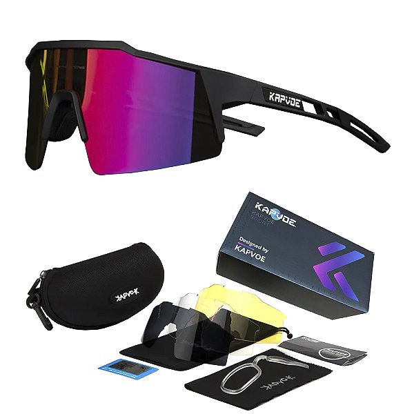 Óculos de Ciclismo Preto Vermelho Com 4 Lentes + Case - Kapvoe