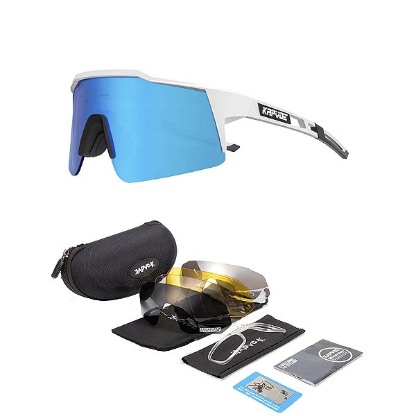 Óculos De Ciclismo Branco Com 4 Lentes + Case - Kapvoe