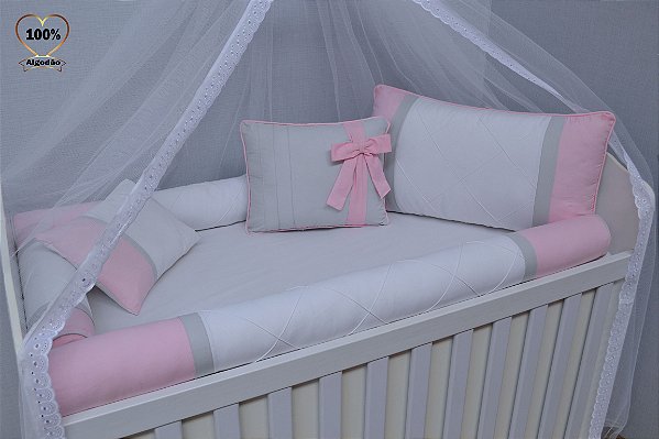 kit berço rosa e cinza