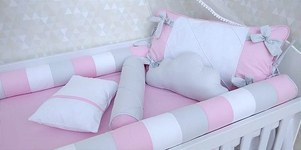 kit berço americano menina 100% algodão 6 peças rosa e cinza