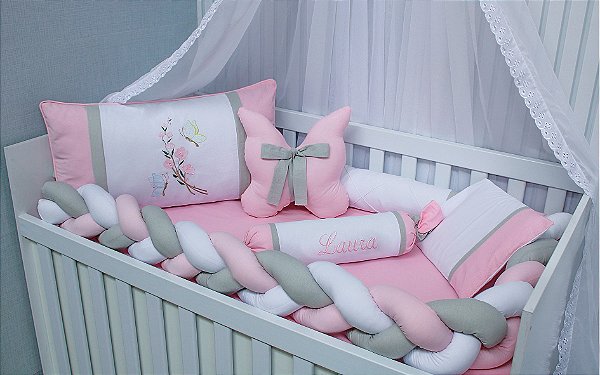 kit berço borboletas trança rosa cinza