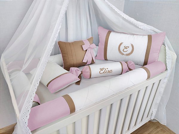kit berço rosa bege letra
