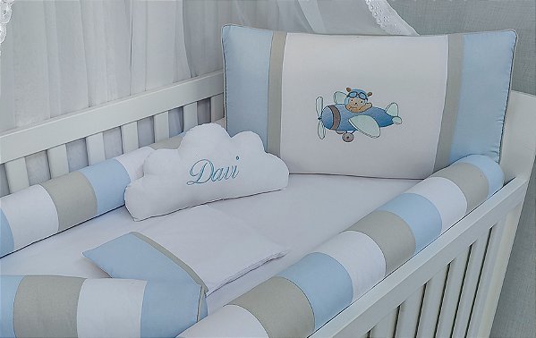 kit berço aviador azul cinza