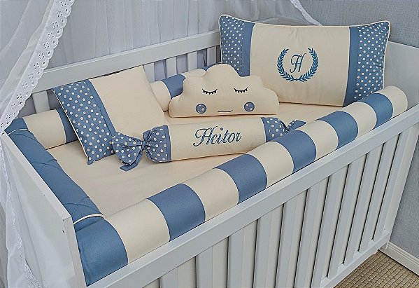 kit berço rolinho menino jeans- palha- poá jeans