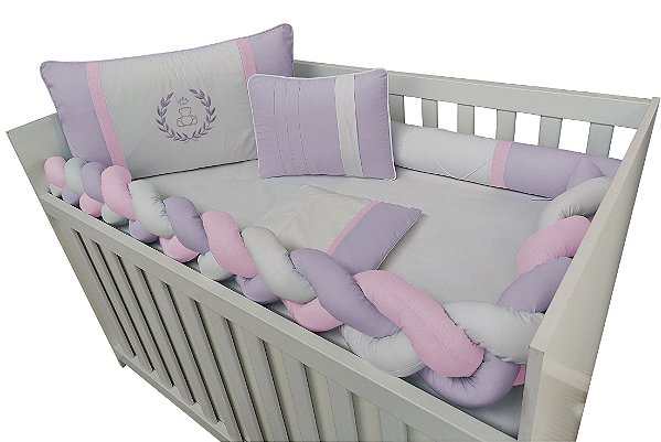 kit protetor de berço trança rosa e lilás