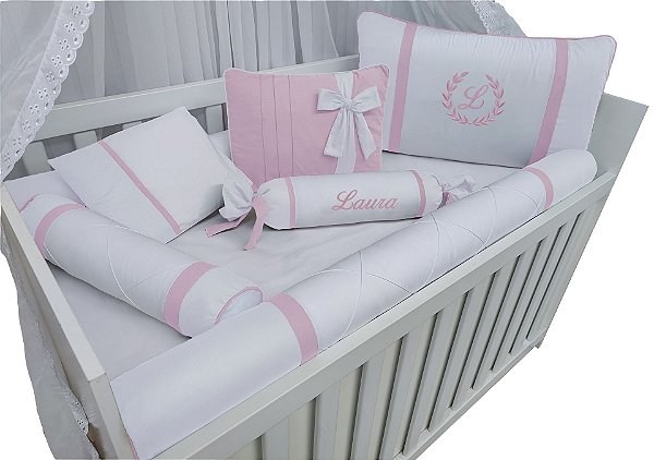 kit protetor para berço menina branco e rosa