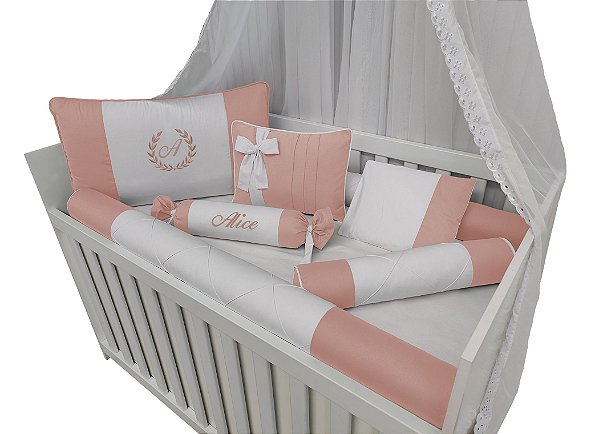 kit protetor para berço menina 2 cores branco e rosê