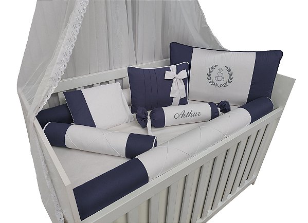 kit protetor para berço menino ursinho marinho e branco