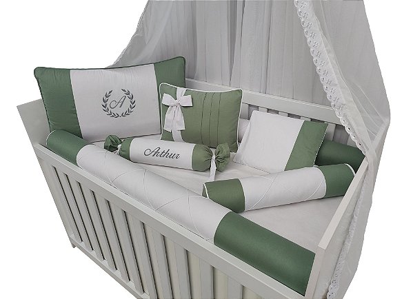 kit protetor para berço menino branco e verde oliva