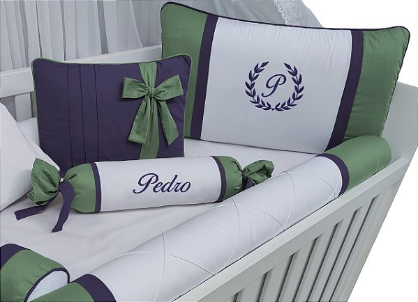 Kit berço rolinho 100% algodão personalizado oliva e marinho