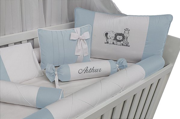 Kit Protetor Para Berço Safari Menino Branco e Azul