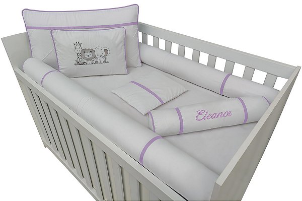 Kit para Berço Rolinho Safari  Menina Branco e Lilás