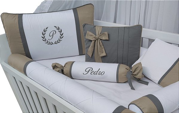 kit protetor para berço menino branco, bege e chumbo